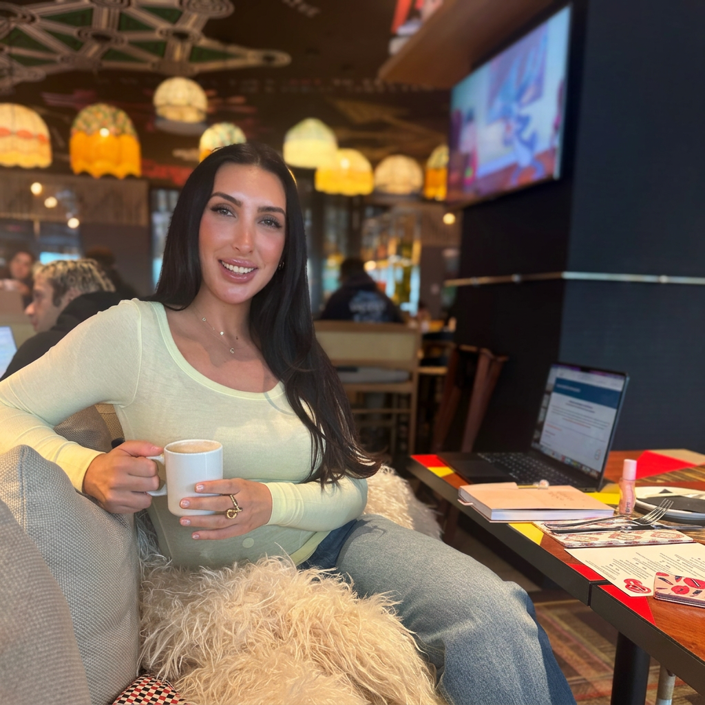 Becky Nathan, your host, smiling with a cup of coffee